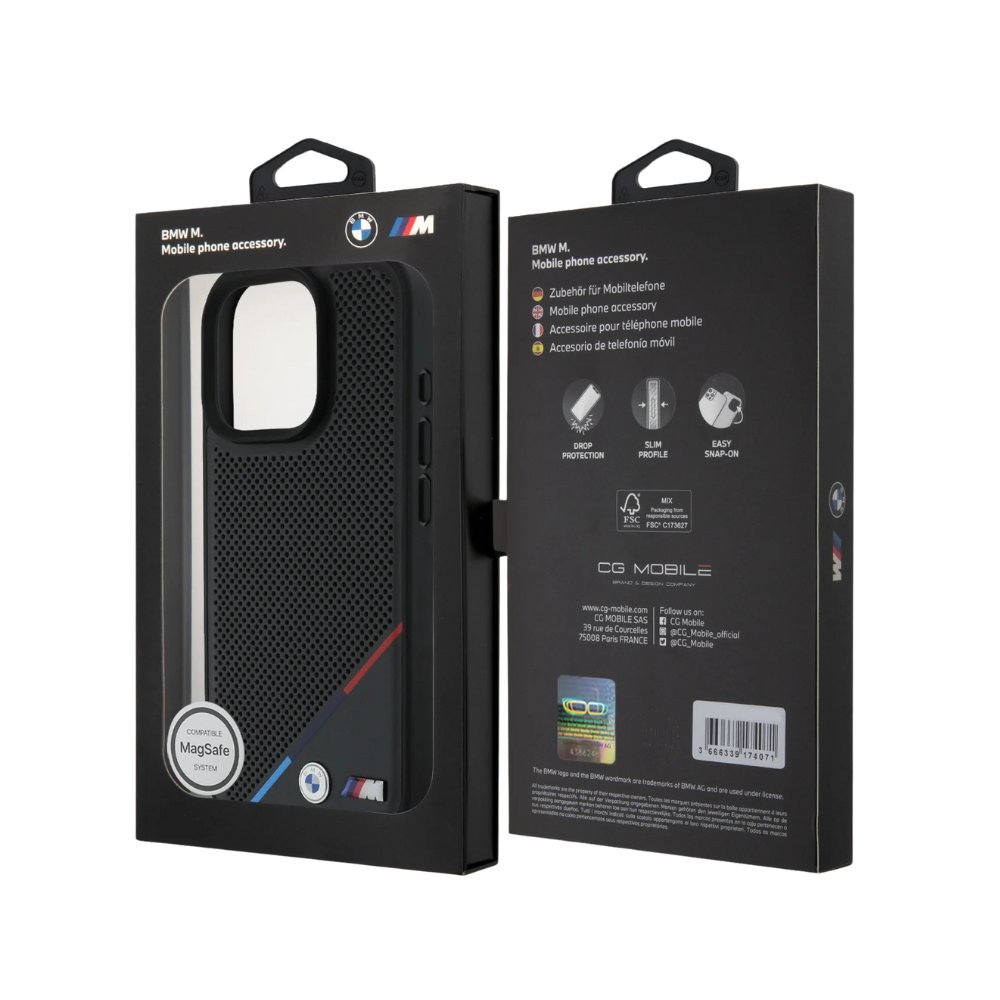 BMW Hc M MagSafe Pu Perforated Tricolor Line Black iPhone 16 Pro Max — foto 3