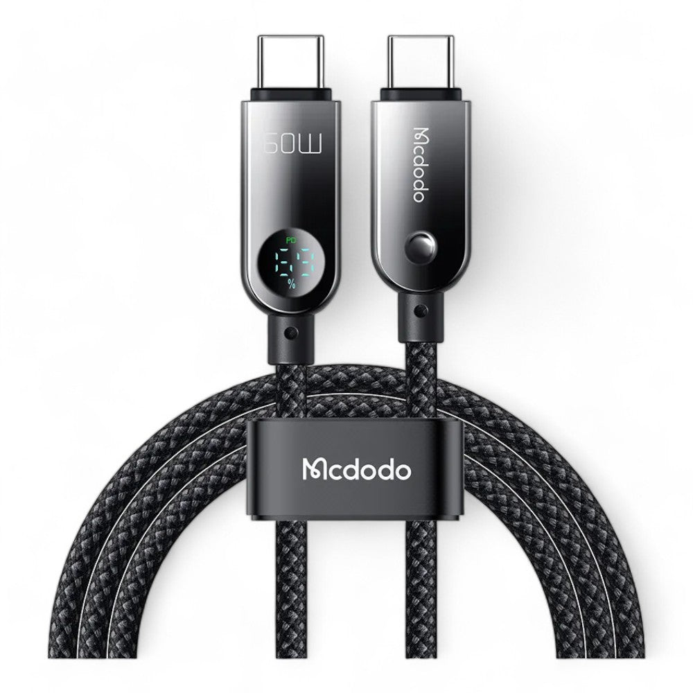 Cable McDodo USB Ca-478 USB-C 60w PD Charging Nylon Braided 480mbps 1.2m Cable Digital Display Battery Level Color Negro