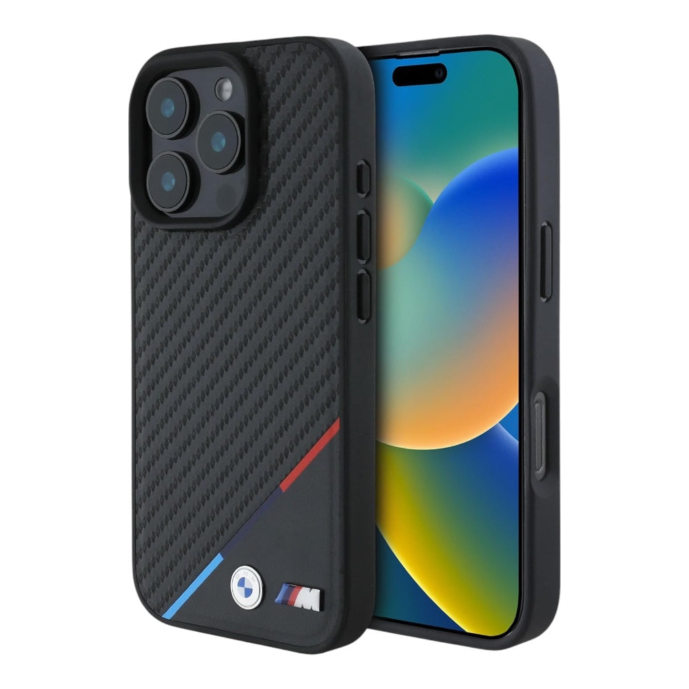 Estuche BMW Hc M MagSafe Carbon Tricolor Black para iPhone 16 Pro