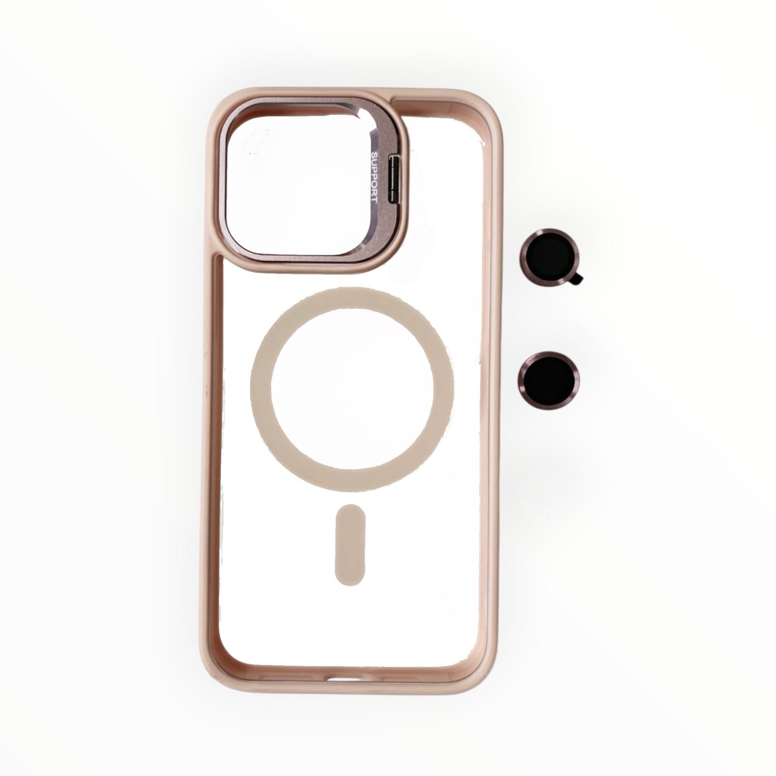 Estuche El Rey magsafe stand + vidrio templado de camara color rosado Iphone 12