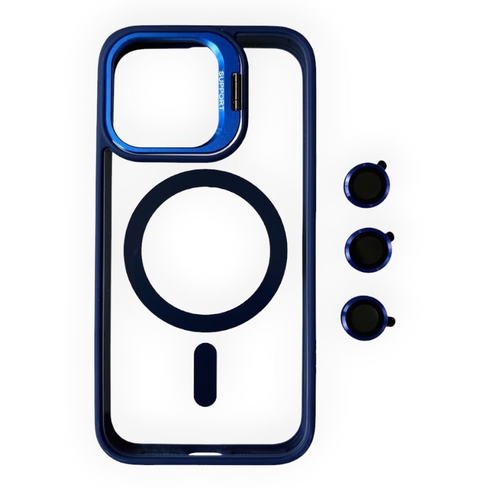 Estuche El Rey magsafe stand + vidrio templado de camara color azul Iphone 13 pro