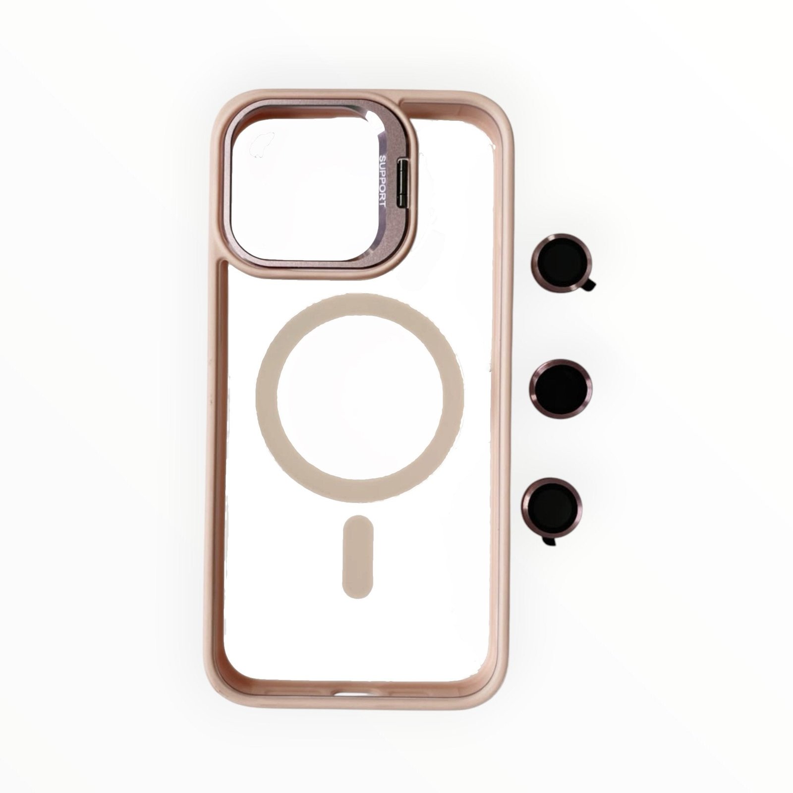 Estuche El Rey magsafe stand + vidrio templado de camara color rosado Iphone 15 pro max
