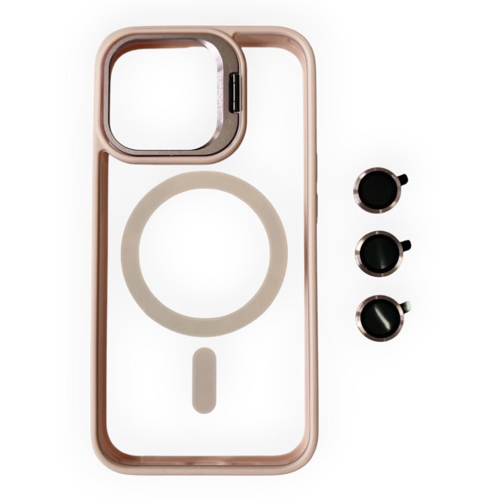 Estuche El Rey magsafe stand + vidrio templado de camara color rosado Iphone 14 pro max