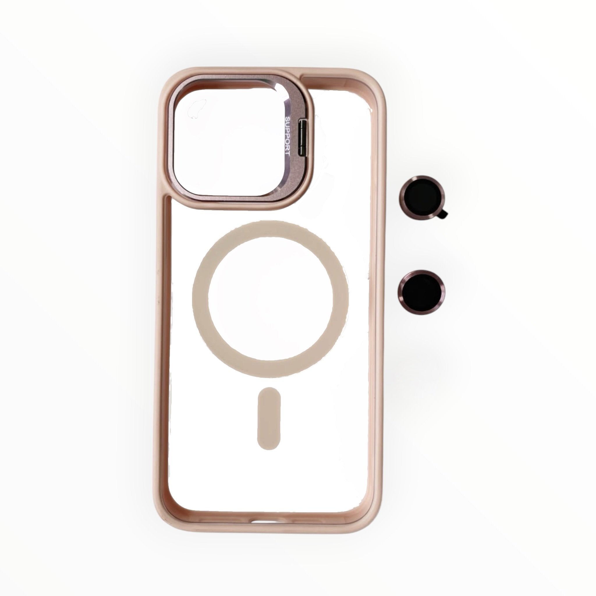 Estuche El Rey magsafe stand + vidrio templado de camara color rosado Iphone 17