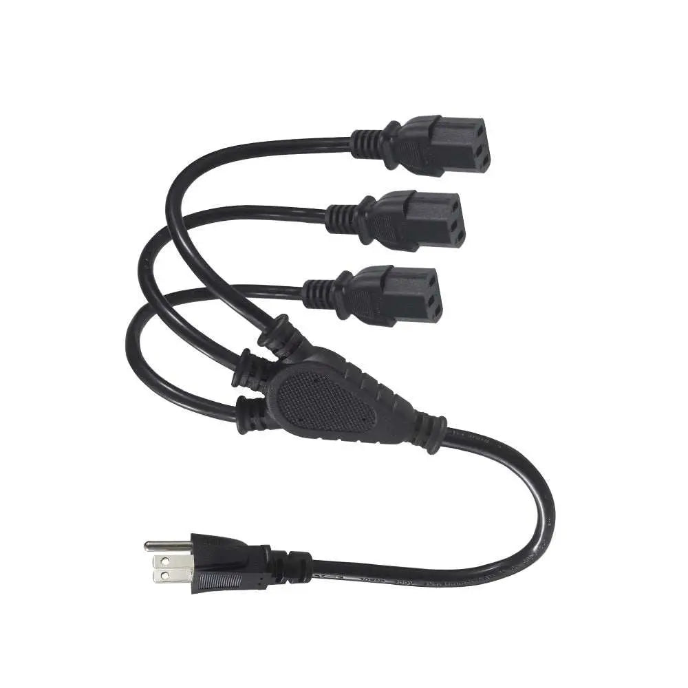 Cable de extensión de pared negro con 3 conectores, diseño versátil y compacto.