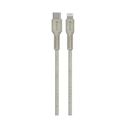 Cable de tipo C a Lightning en color beige, sostenible y durable.