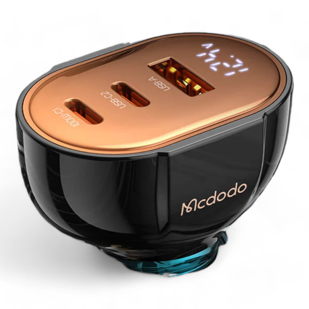 Cargador mcdodo carro cc-2310 100w pd car charger - prism series (3 ports, digital display) color negro - MUNDO ACCESORIOS