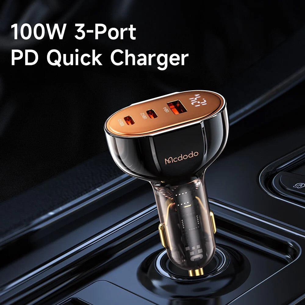 Cargador mcdodo carro cc-2310 100w pd car charger - prism series (3 ports, digital display) color negro - MUNDO ACCESORIOS