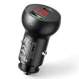 Mcdodo car charger cc-7030 mushrooms series pd 45w type-c+usb ports car charger with digital display black color