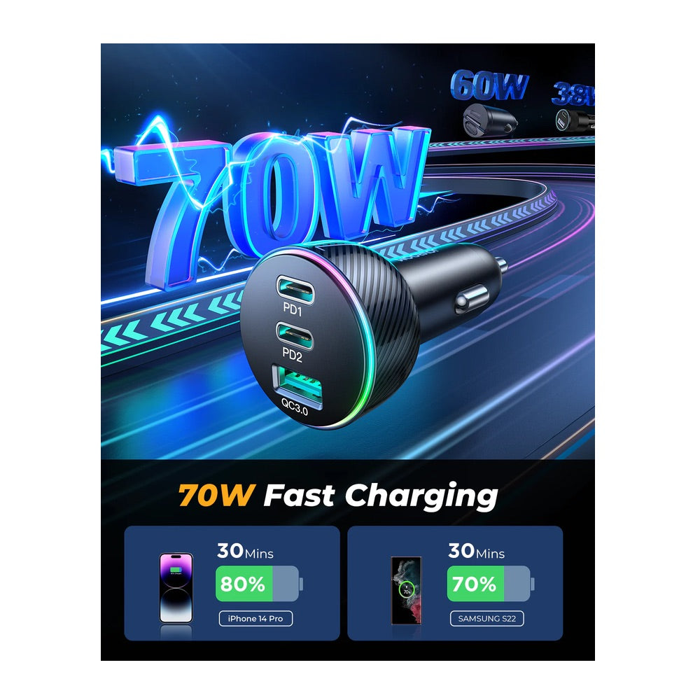 Cargador joyroom carro jr-cl26 70w 3-port (2pd+1usb) car charger color negro  Shop name