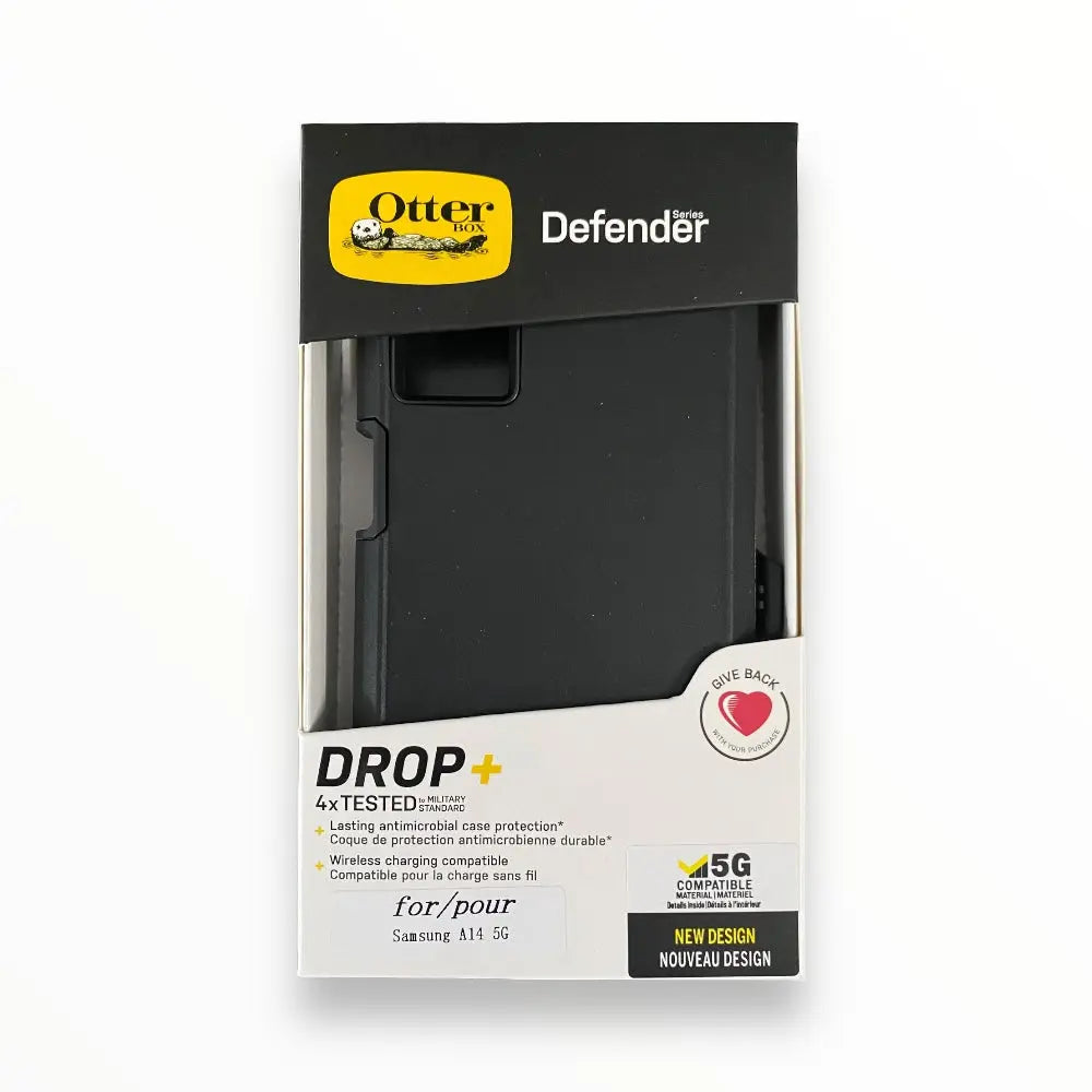 Estuche Otterbox Defender para Samsung A14 en color negro, en su empaque.