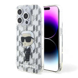 Estuche rígido Karl Lagerfeld transparente para iPhone 15 Pro con monograma ikonik.