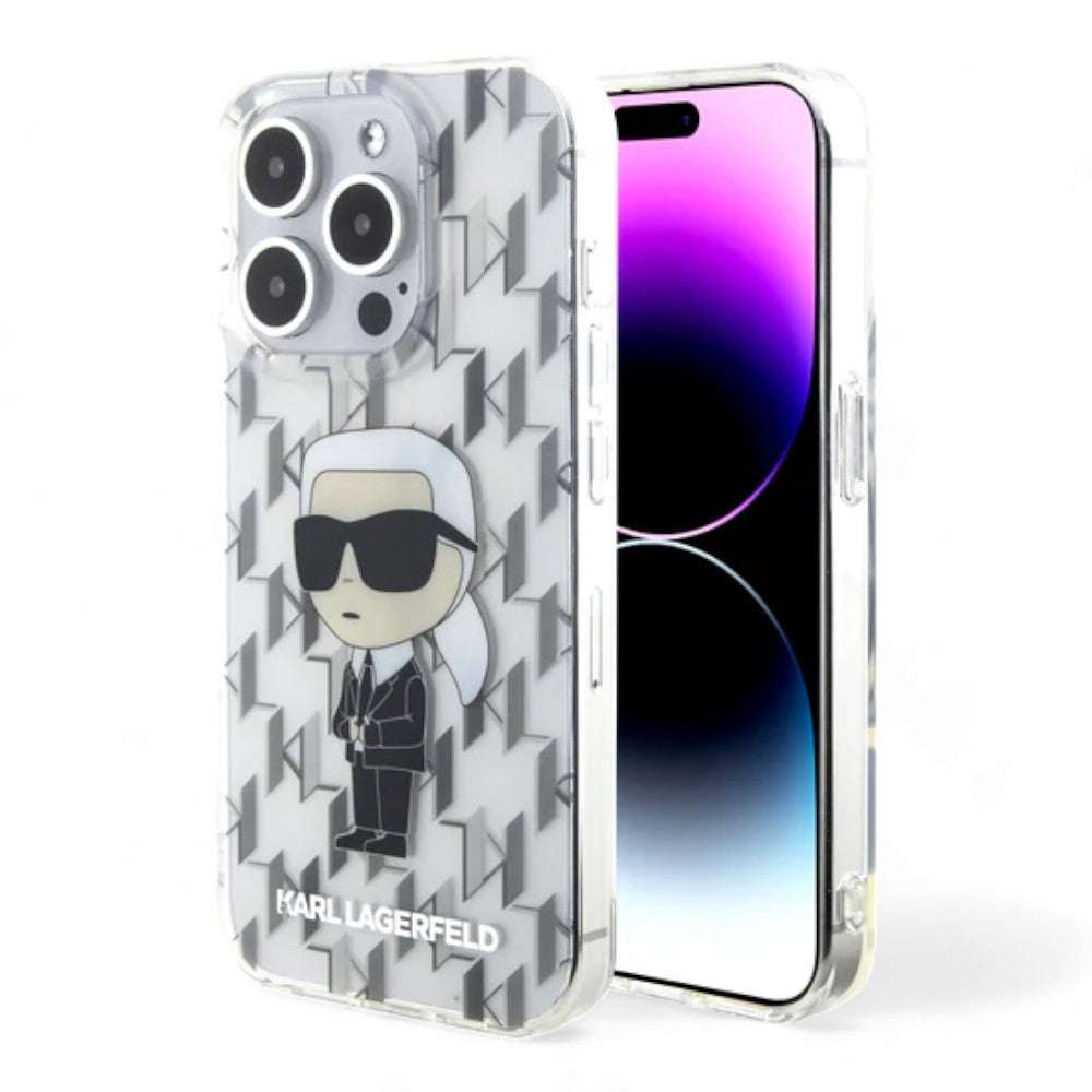 Estuche rígido Karl Lagerfeld translúcido para iPhone 15 Pro, diseño monograma ikonik, material PC/TPU.