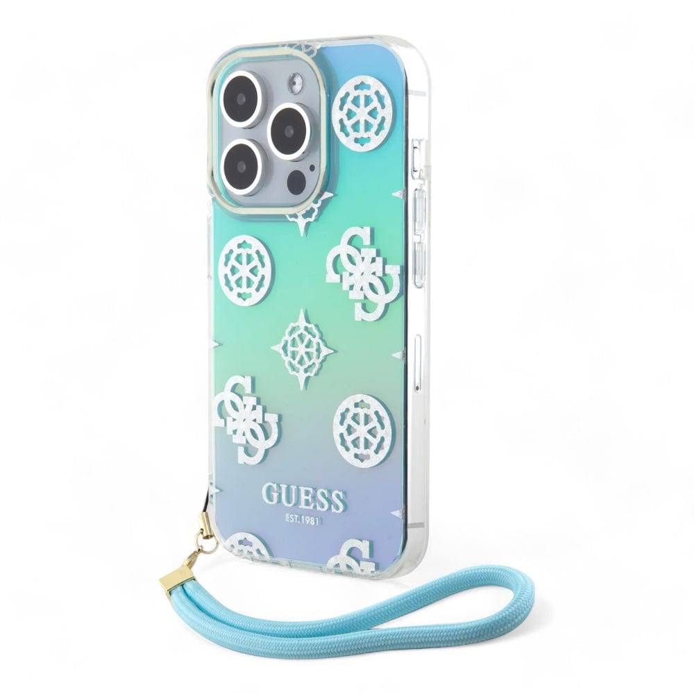 Estuche guess hard case iphone 15 pro  - pc/tpu turquoise pc tpu iridescent hard case glitter pattern peony cordstrap color aqua - MUNDO ACCESORIOS (B2C)