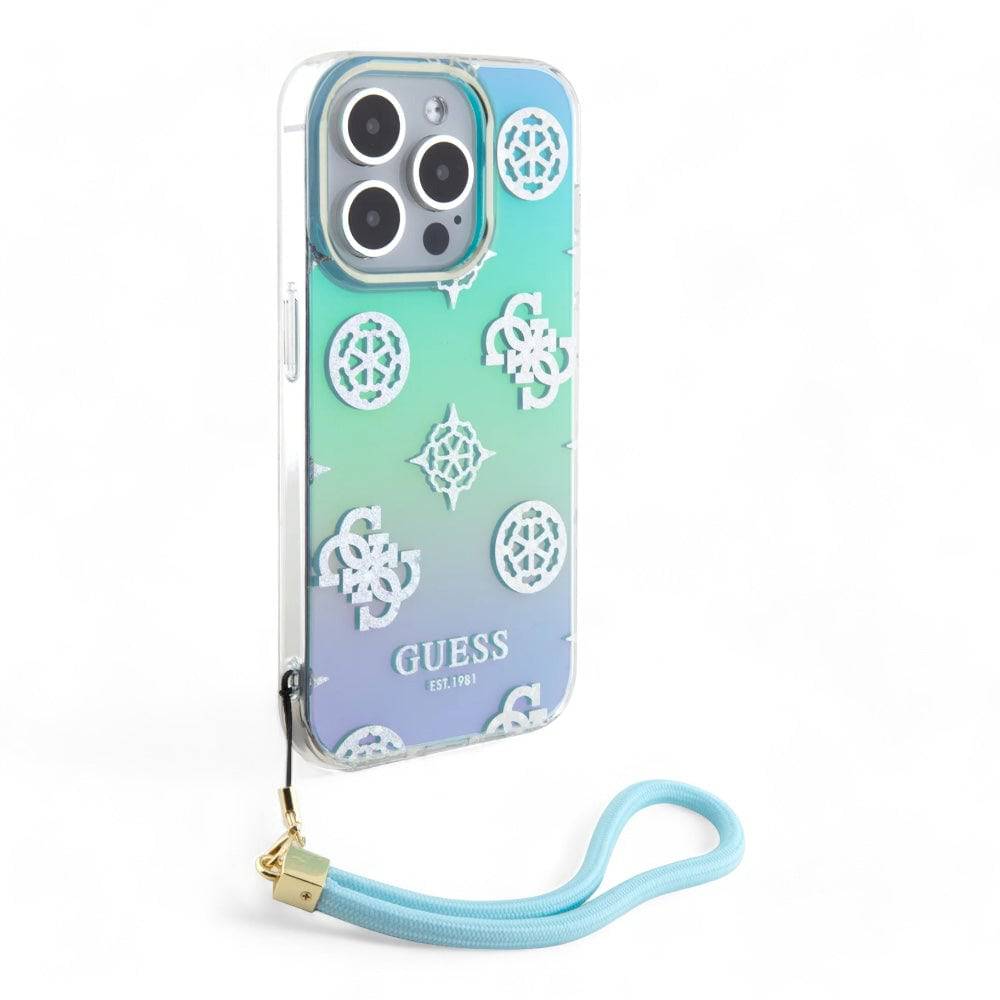 Estuche guess hard case iphone 15 pro  - pc/tpu turquoise pc tpu iridescent hard case glitter pattern peony cordstrap color aqua - MUNDO ACCESORIOS (B2C)