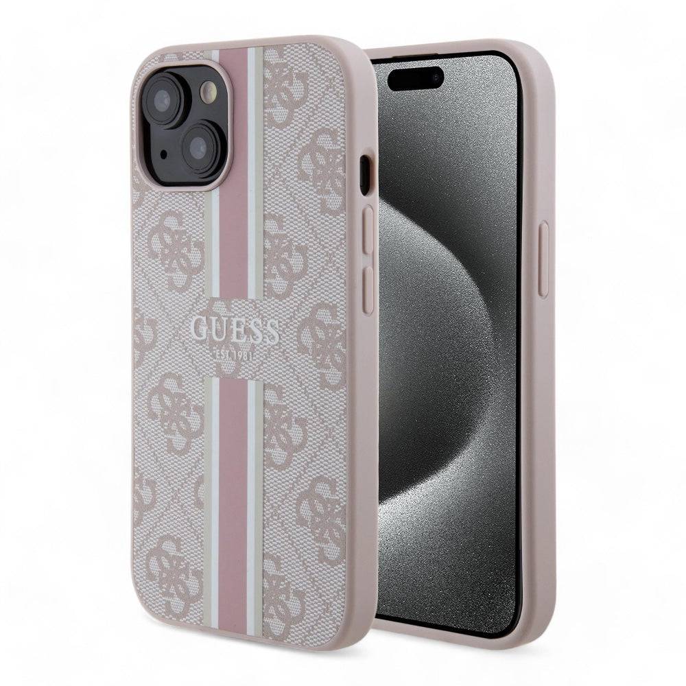 Estuche guess hard case iphone 15 pro - pu leather pink hard case 4g printed stripes color rosado - MUNDO ACCESORIOS (B2C)