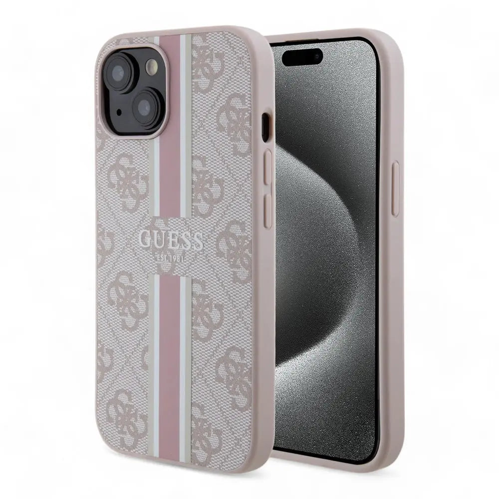 Estuche Guess rígido para iPhone 15 Pro, cuero PU rosa, rayas impresas.