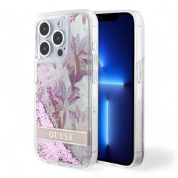 Estuche guess hard case iphone 15 pro  pc/tpu pink hard case liquid glitter flower - guess color transparente - MUNDO ACCESORIOS (B2C)