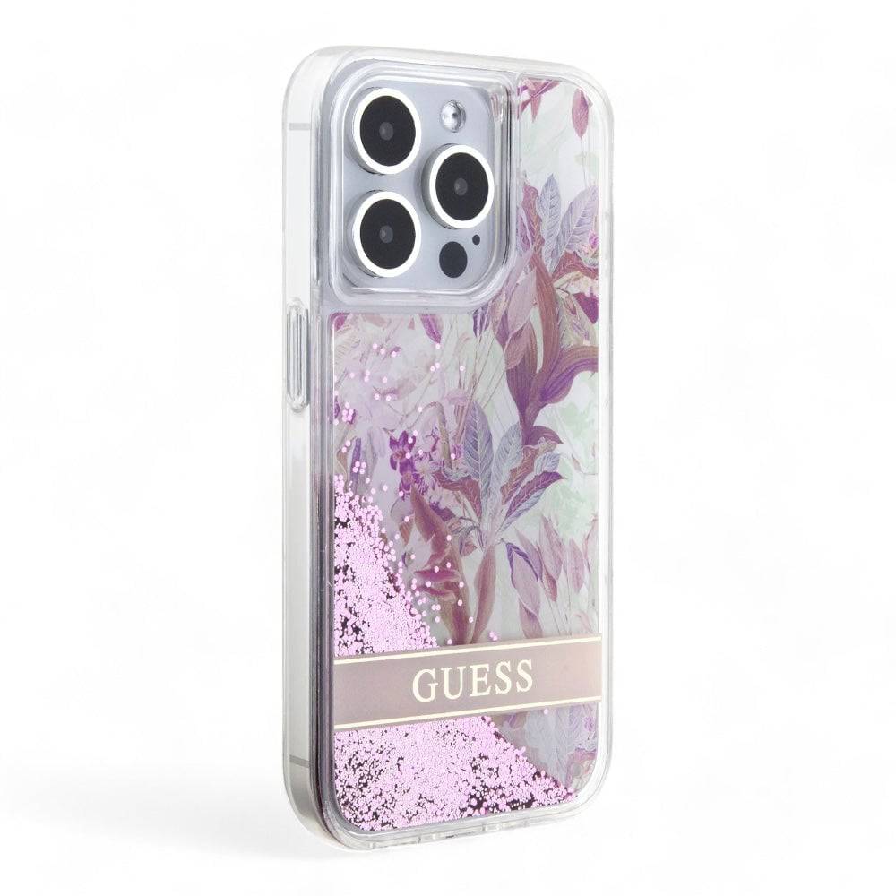 Estuche guess hard case iphone 15 pro  pc/tpu pink hard case liquid glitter flower - guess color transparente - MUNDO ACCESORIOS (B2C)