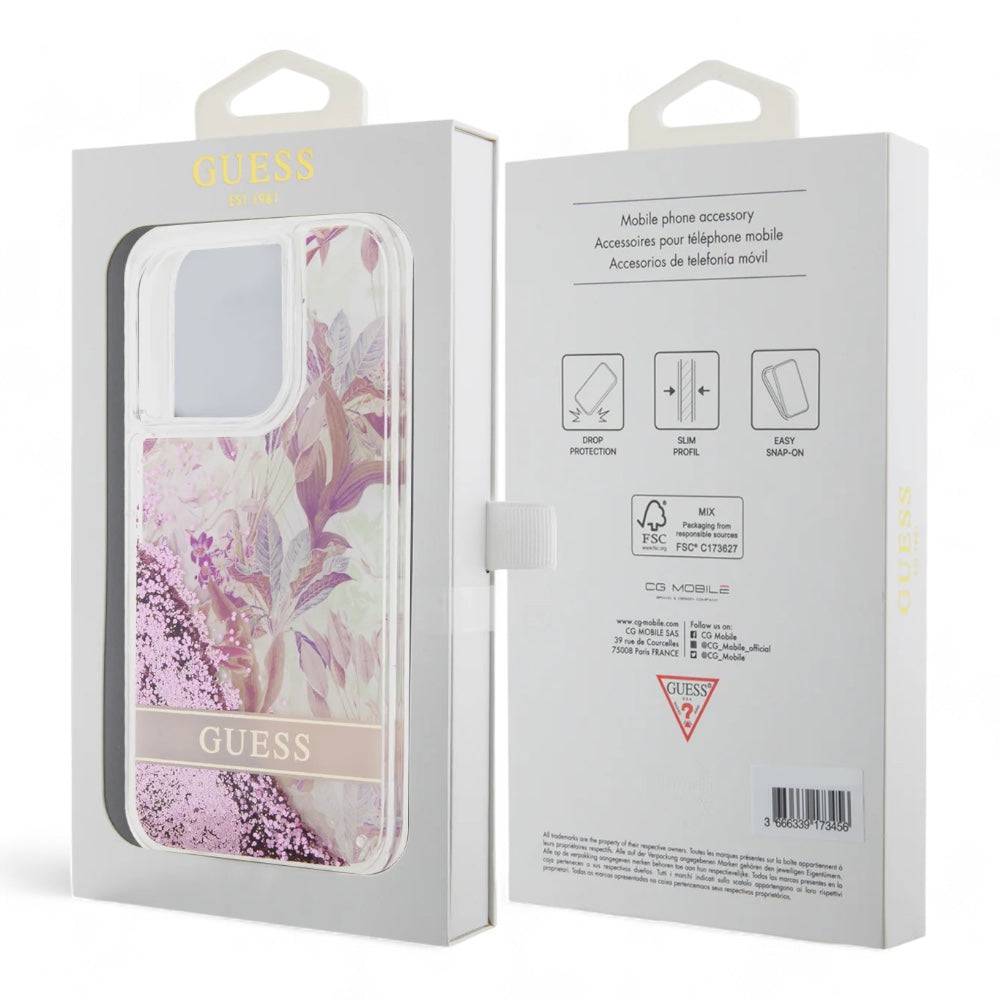 Estuche guess hard case iphone 15 pro  pc/tpu pink hard case liquid glitter flower - guess color transparente - MUNDO ACCESORIOS (B2C)