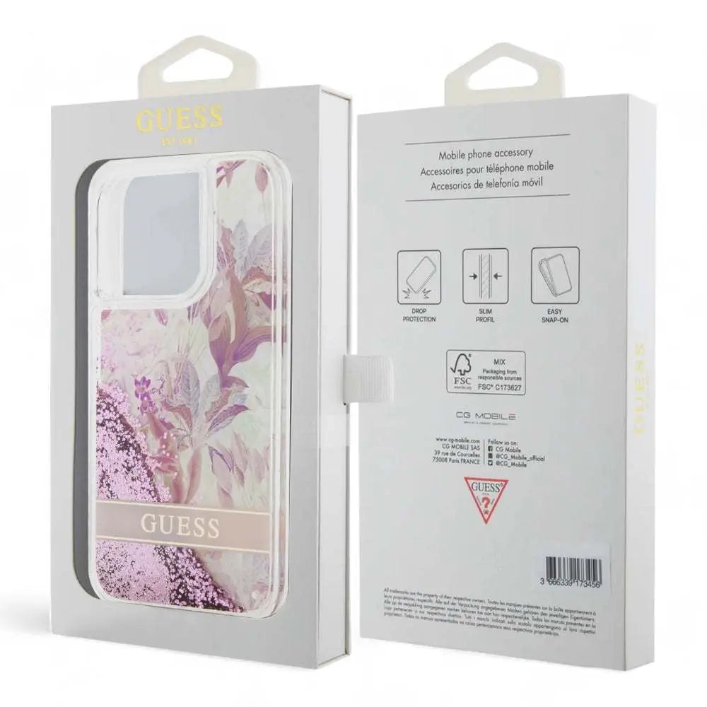 Estuche guess hard case iphone 15 pro  pc/tpu pink hard case liquid glitter flower - guess color transparente  Shop name