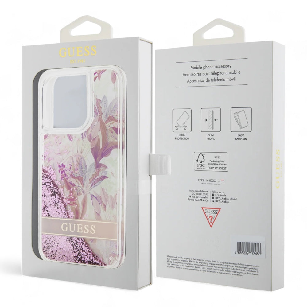 Estuche guess hard case iphone 15 pro  pc/tpu pink hard case liquid glitter flower - guess color transparente