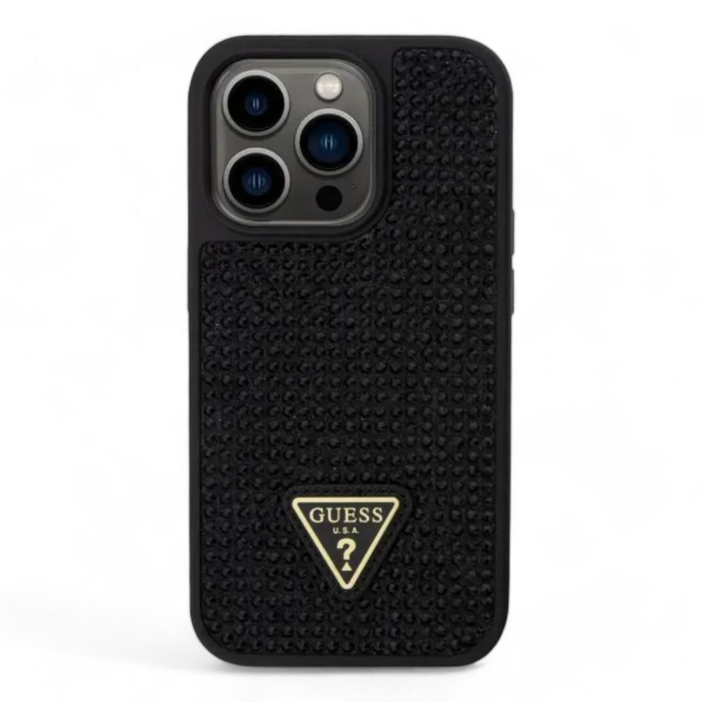 Estuche guess hard case iphone 15 pro pc/tpu black hard case rhinestone triangle color transparente