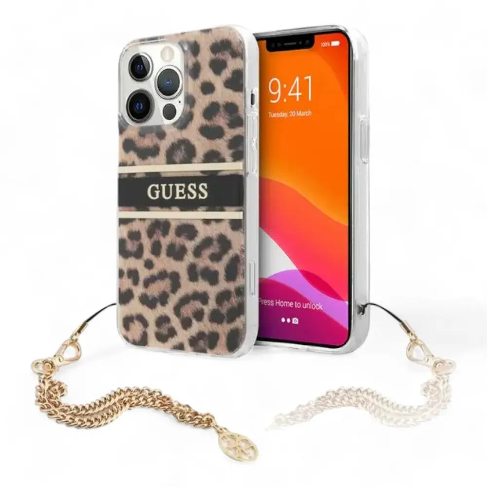 Estuche guess hard case iphone 13 pro hard case leopard print leopard print and stripe with charm chain color multicolor  Shop name