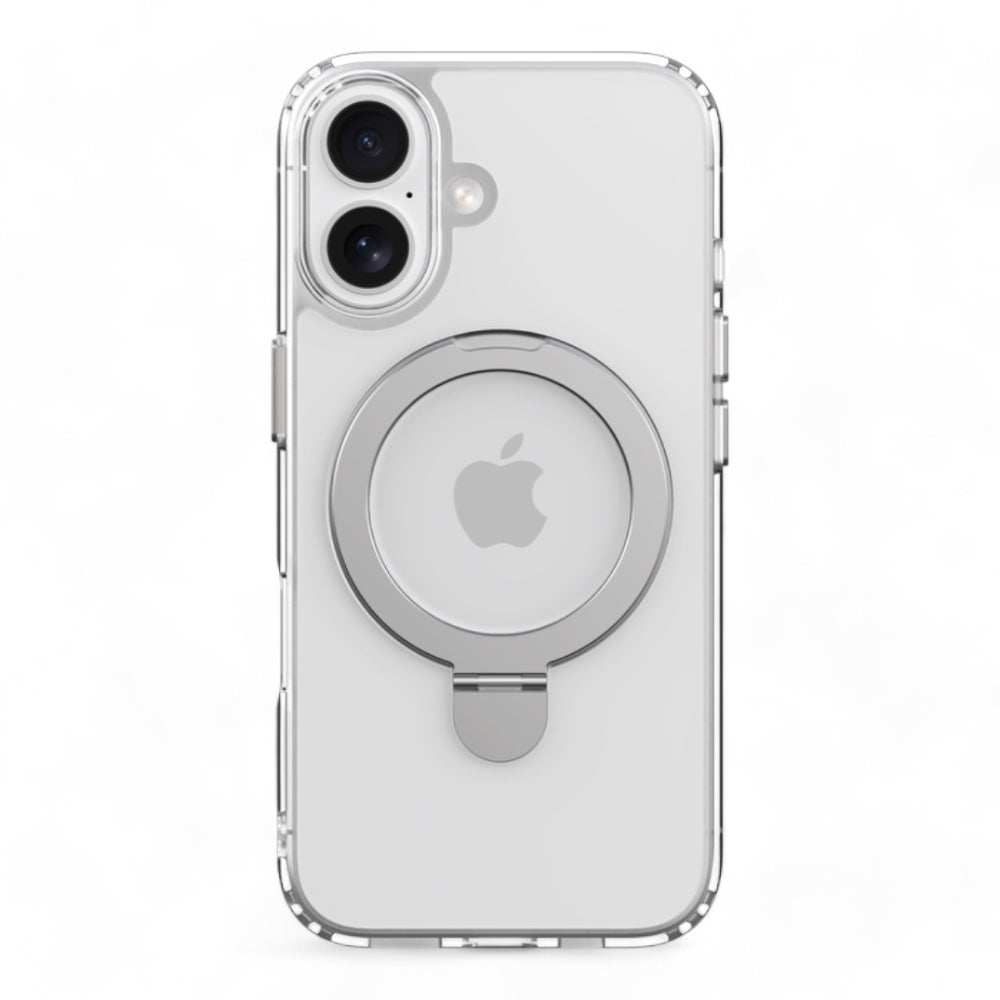 Transparent magnetic shockproof case for iPhone 16 with MagSafe compatibility and bracket.