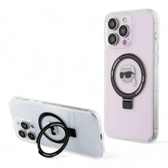 Estuche transparente Karl Lagerfeld MagSafe iPhone 15 Pro con ringstand, diseño elegante y protector.