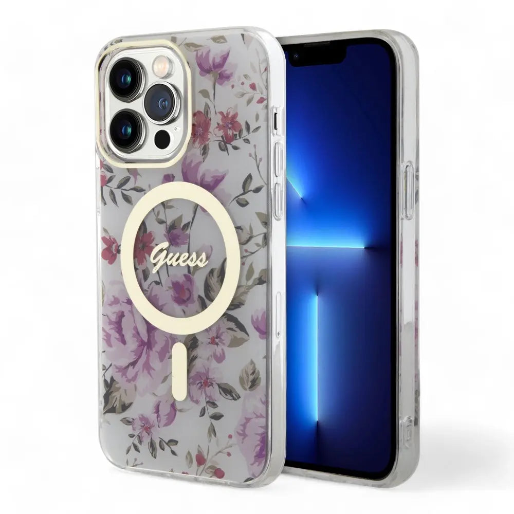 Estuche Guess MagSafe para iPhone 15 Pro con diseño de mármol dorado y fondo morado, compatible con carga inalámbrica.