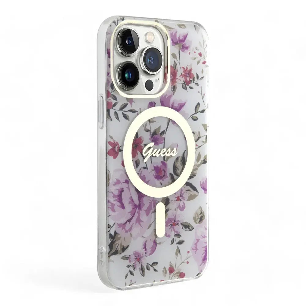 Estuche guess magsafe iphone 15 pro  - pc/tpu purple hard case magsafe iml golden marble color morado  Shop name