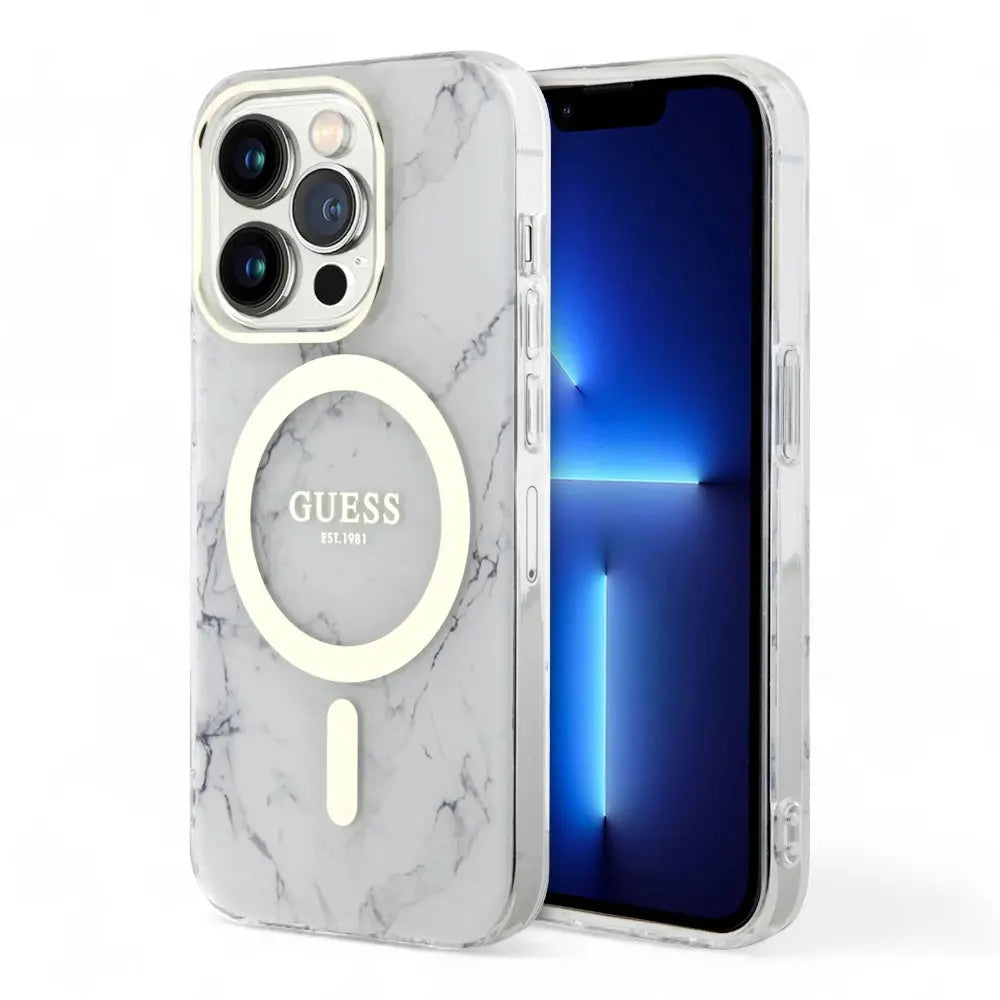 Estuche Guess MagSafe iPhone 15 Pro con diseño de mármol transparente, compatible MagSafe.