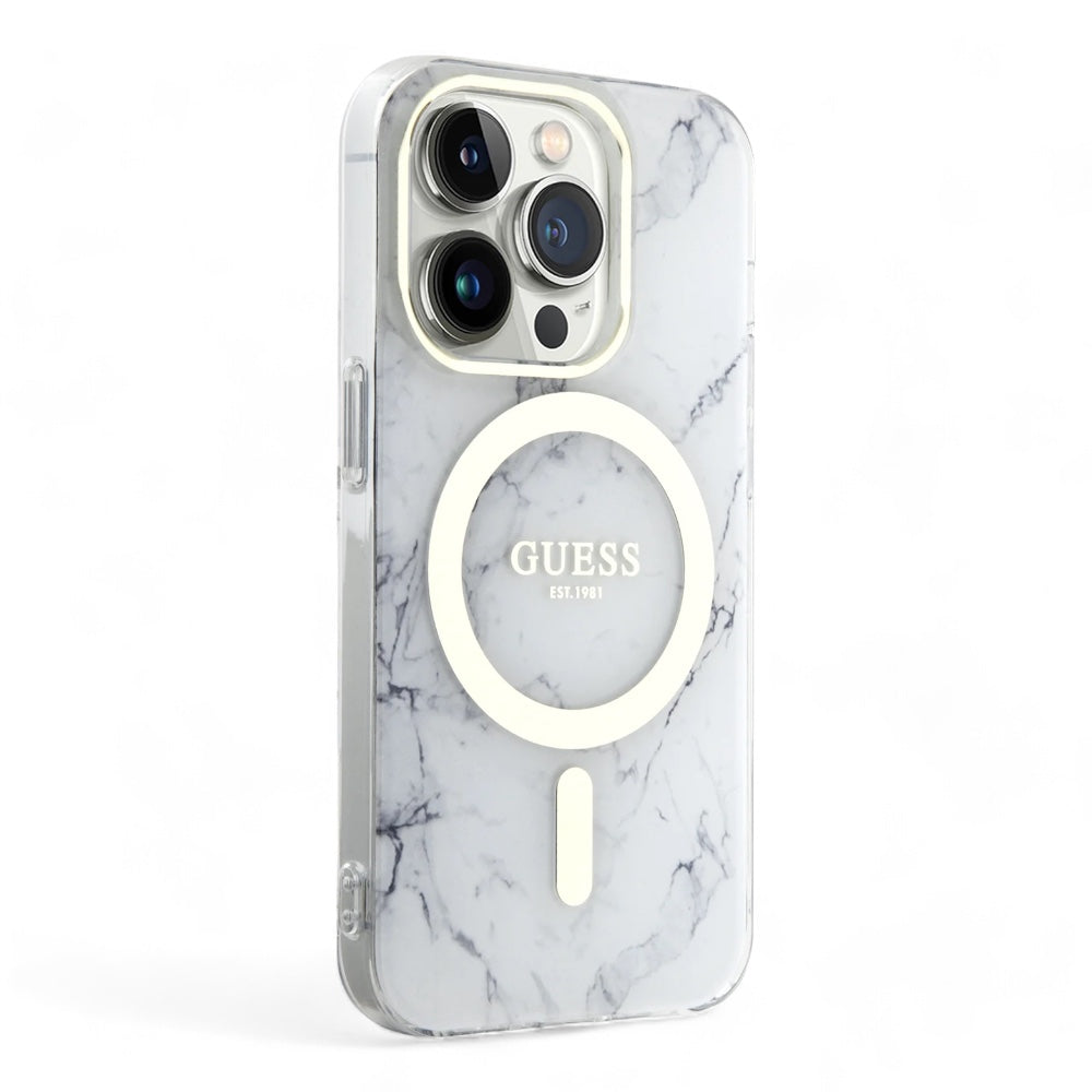 Estuche guess magsafe iphone 15 pro - pc/tpu white hard case magsafe iml marble color transparente