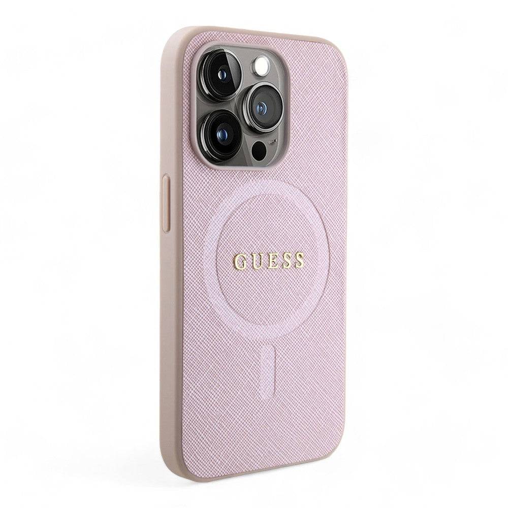 Estuche guess magsafe iphone 15 pro pu leather pink hard case saffiano color rosado - MUNDO ACCESORIOS (B2C)