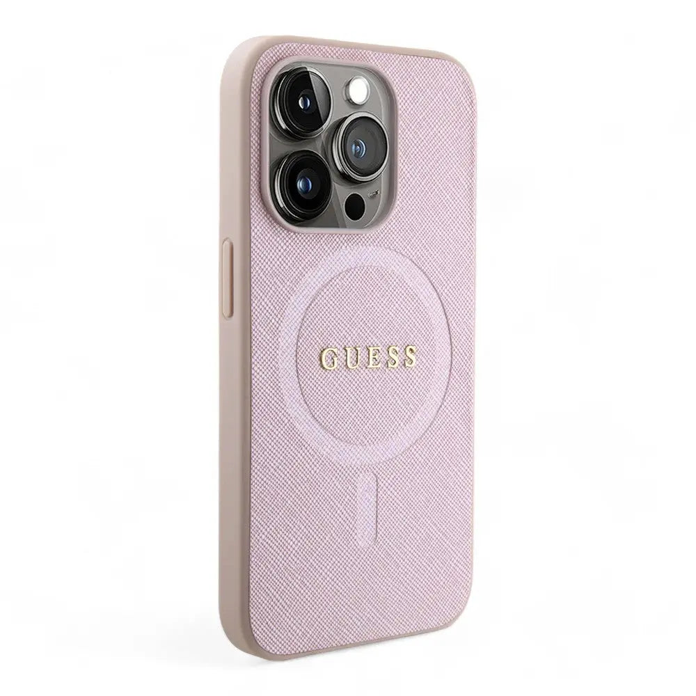 Estuche guess magsafe iphone 15 pro pu leather pink hard case saffiano color rosado  Shop name