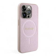 Estuche guess magsafe iphone 15 pro pu leather pink hard case saffiano color rosado  Shop name