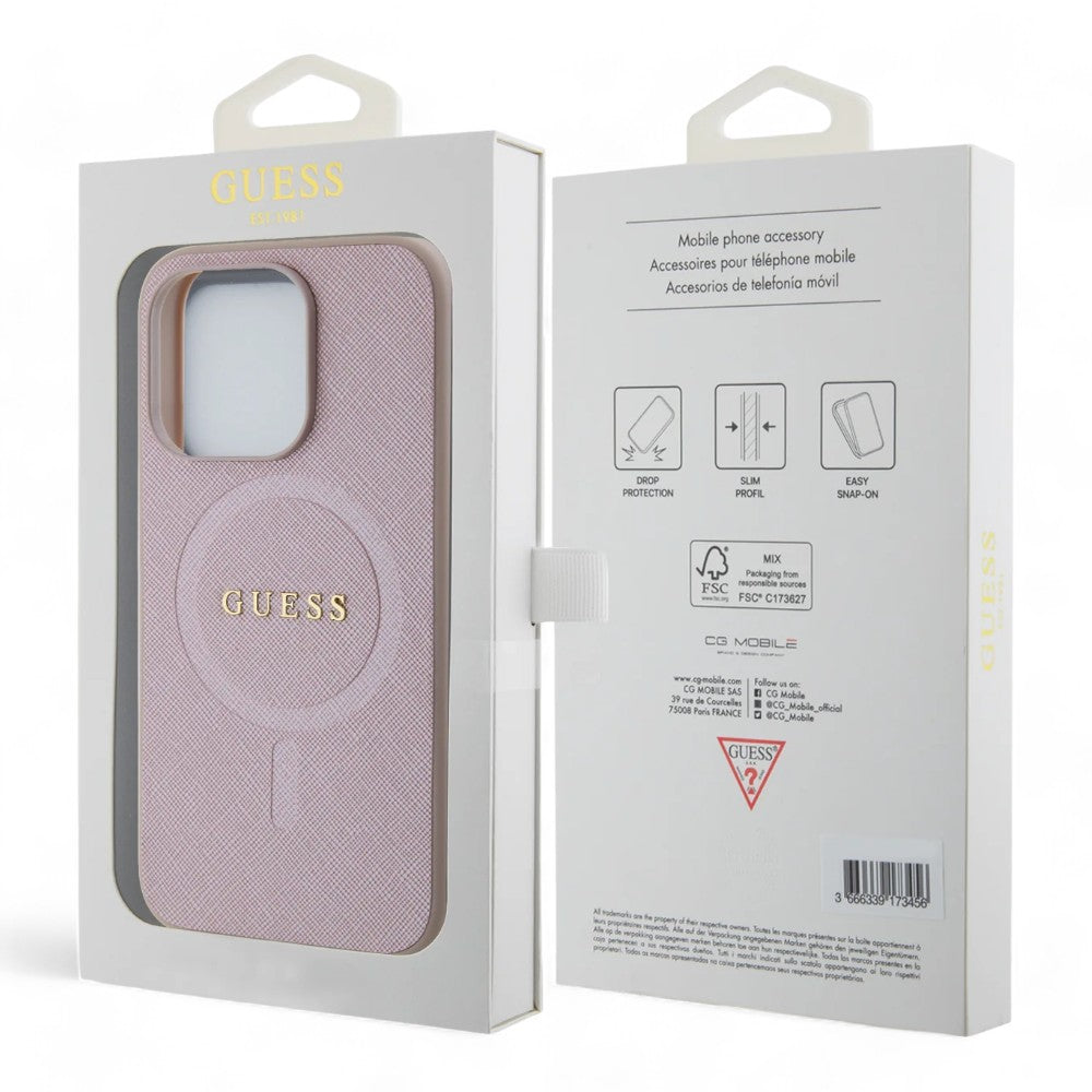 Estuche guess magsafe iphone 15 pro pu leather pink hard case saffiano color rosado