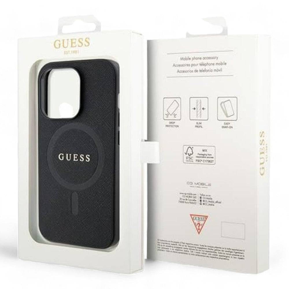 Estuche guess magsafe iphone 15 pro pu leather black hard case saffiano magsafe color negro - MUNDO ACCESORIOS (B2C)