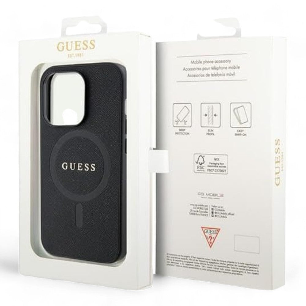 Estuche guess magsafe iphone 15 pro pu leather black hard case saffiano magsafe color negro