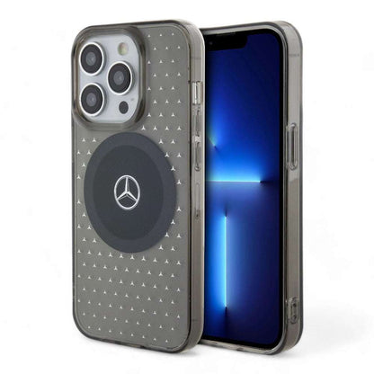 Funda Mercedes-Benz MagSafe para iPhone 15 Pro, diseño transparente con patrón estelar y logo, compatible con MagSafe, protección duradera.