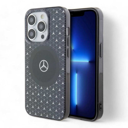 Estuche Mercedes-Benz MagSafe para iPhone 15 con diseño de estrellas mini, TPU negro de doble capa, compatible con carga MagSafe.