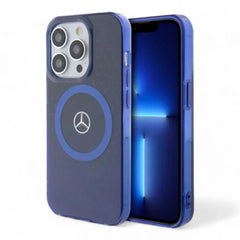 Estuche Mercedes-Benz MagSafe iPhone 15 Pro azul con patrón estelar y doble capa.