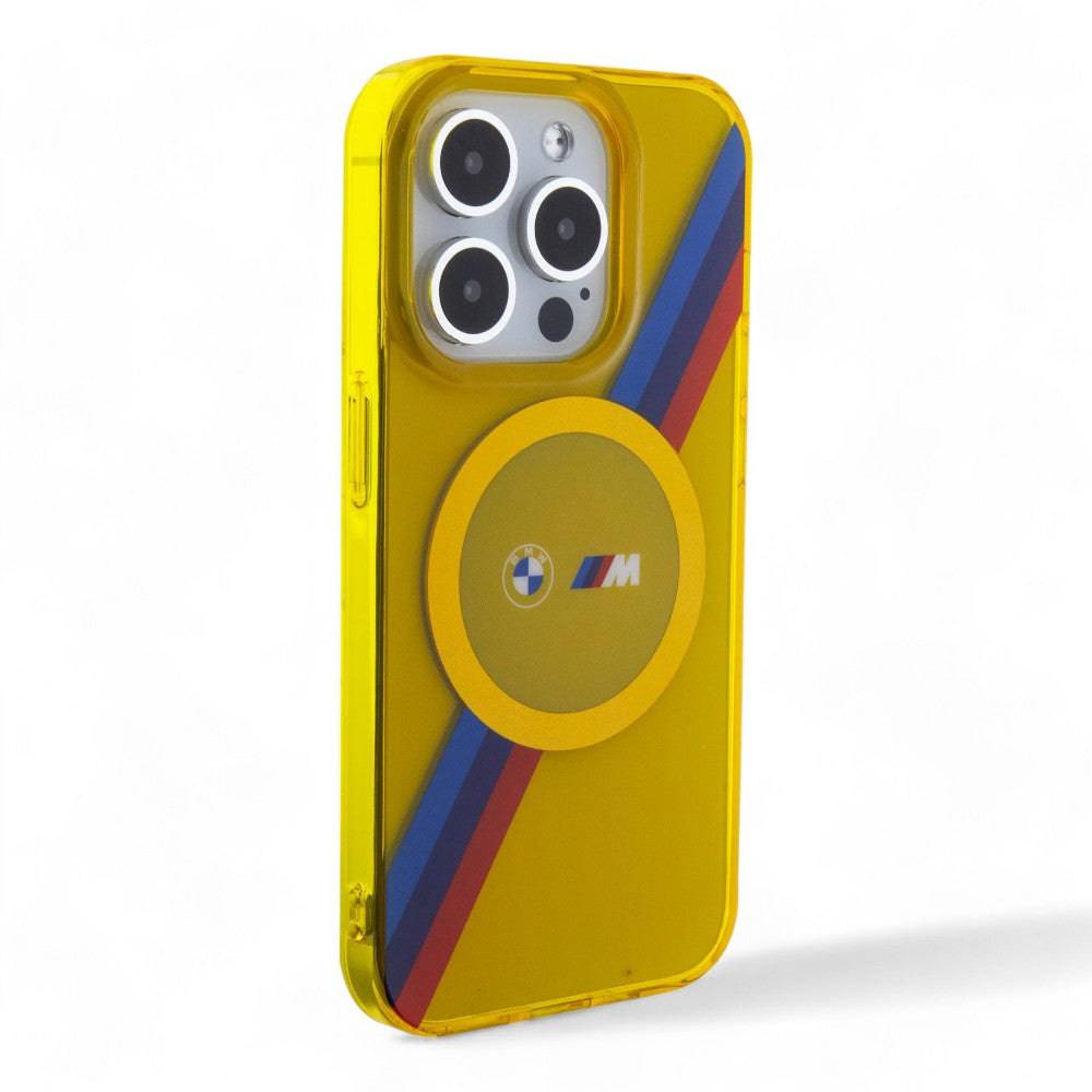 Estuche bmw magsafe iphone 15 pro pc/tpu yellow hard case magsafe m tricolor stripes  color amarillo - MUNDO ACCESORIOS (B2C)