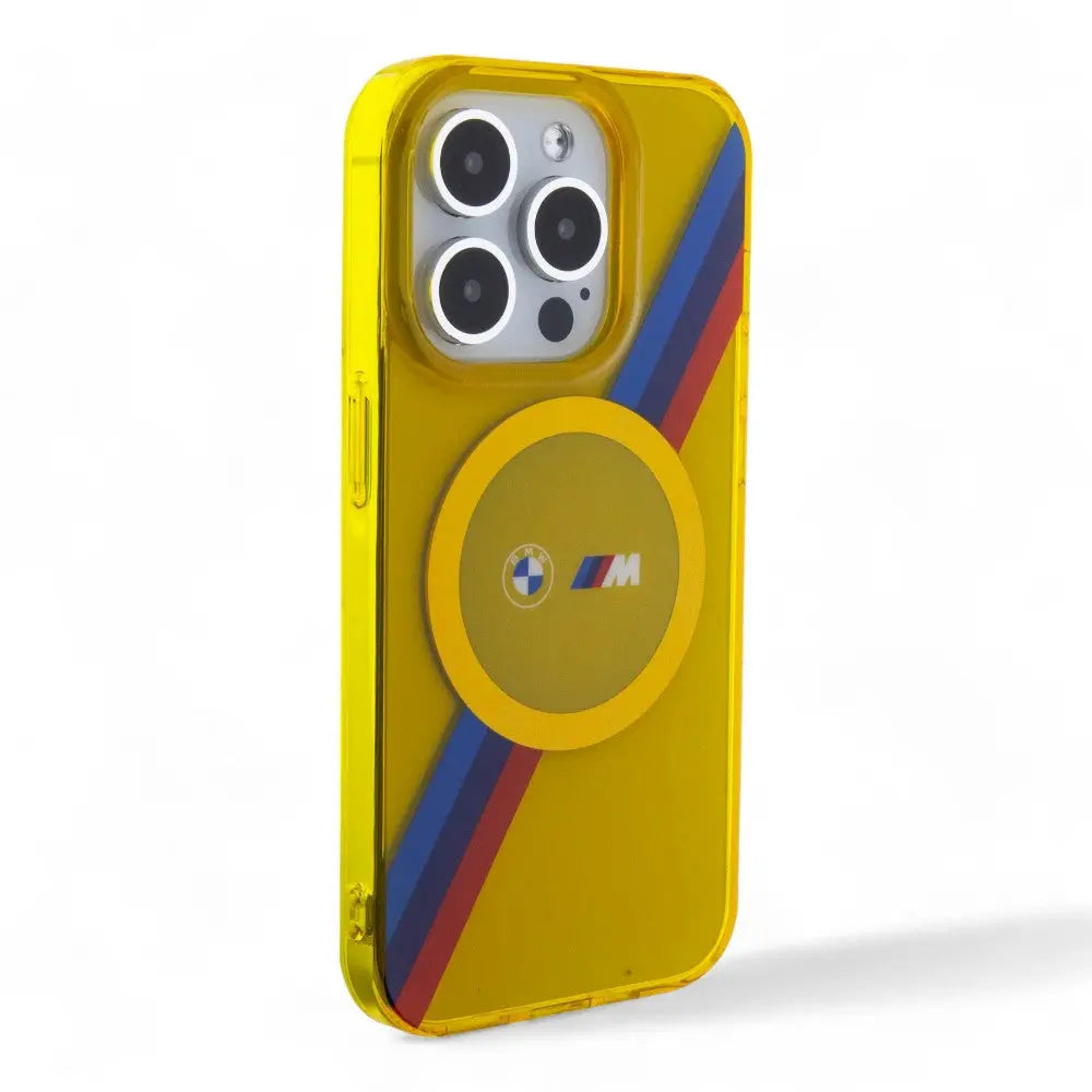 Estuche bmw magsafe iphone 15 pro pc/tpu yellow hard case magsafe m tricolor stripes  color amarillo  Shop name