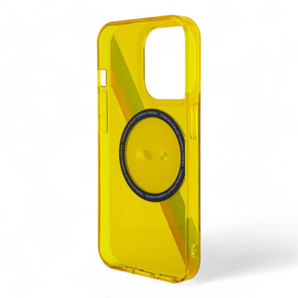 Estuche bmw magsafe iphone 15 pro pc/tpu yellow hard case magsafe m tricolor stripes  color amarillo - MUNDO ACCESORIOS (B2C)