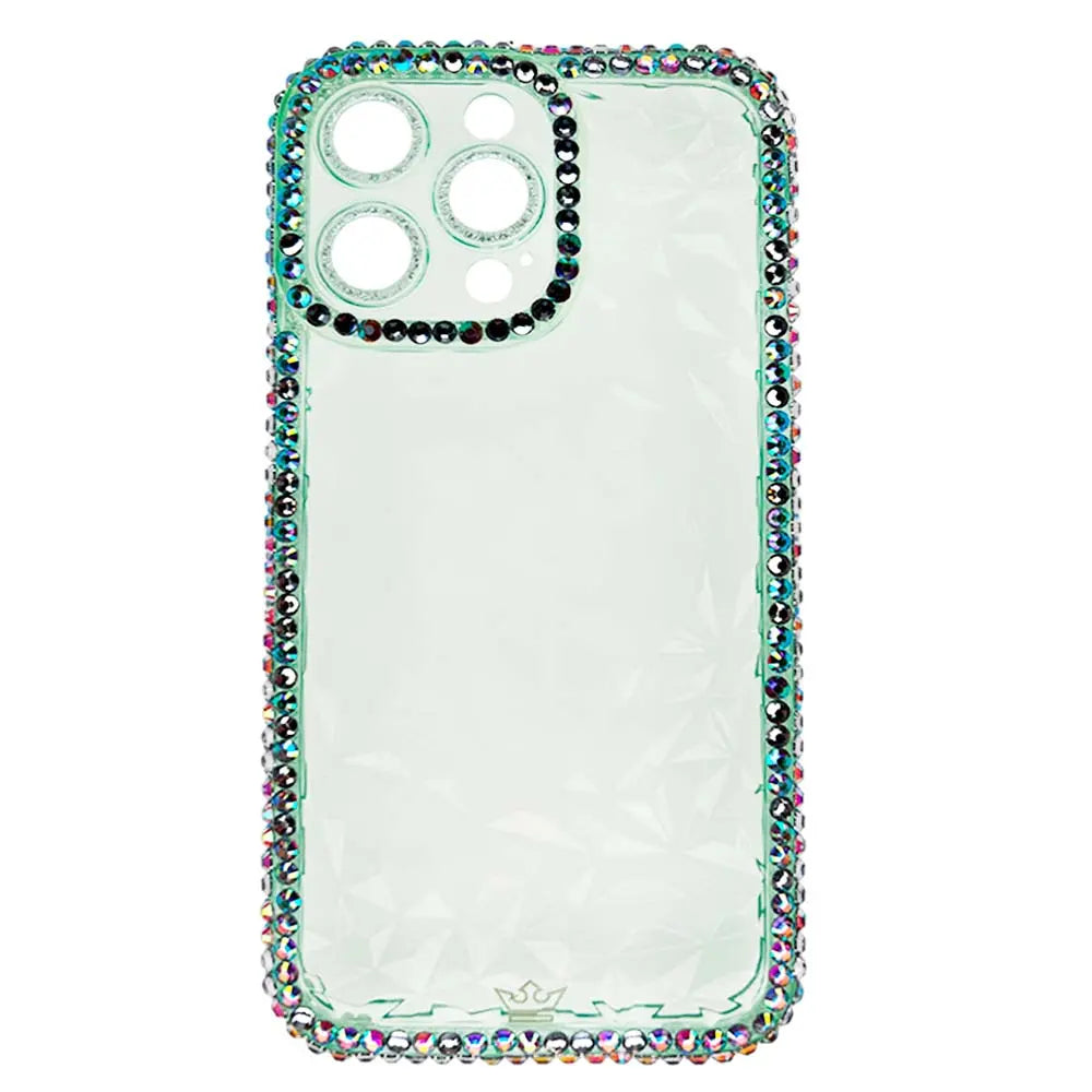 Estuche transparente verde con diamantes para iPhone 12 Pro Max, diseño elegante y protección superior.