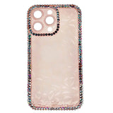 Estuche transparente rosado con diamantes para iPhone 13 Pro Max, elegante y protector.