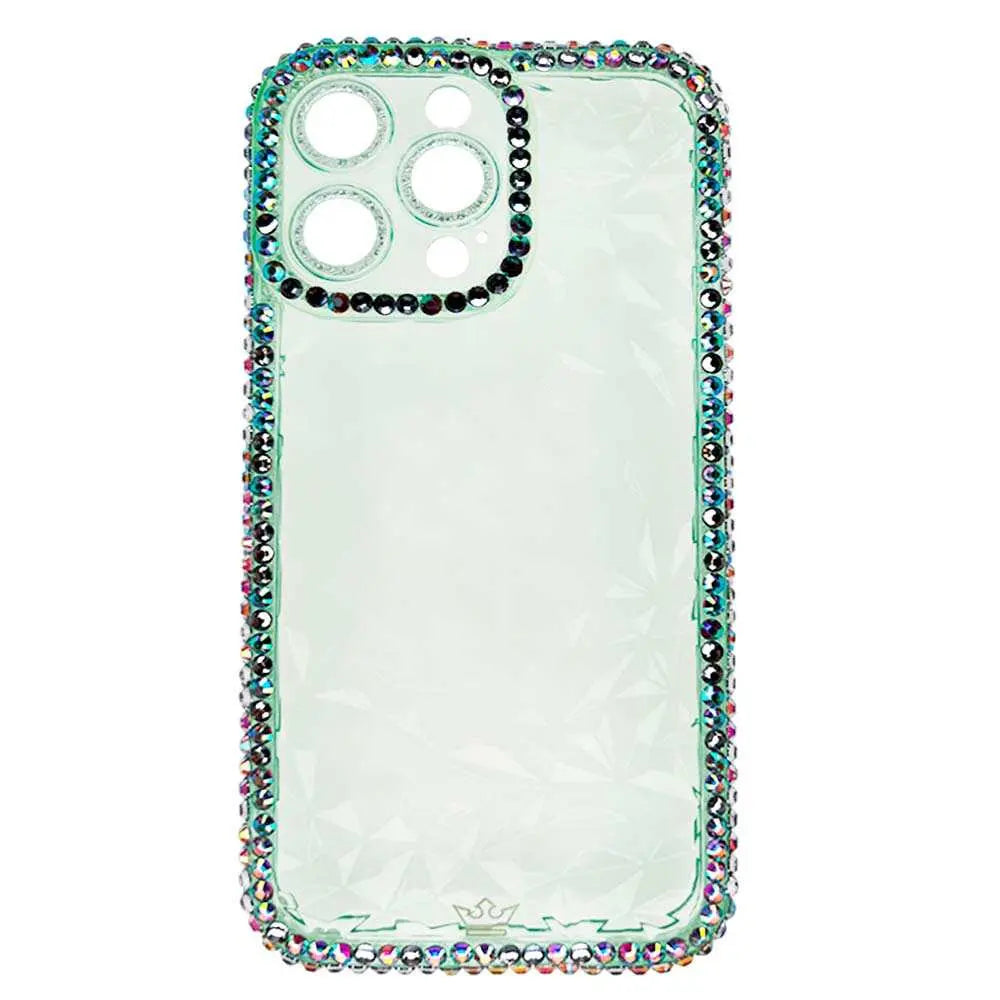 Estuche transparente verde con diamantes para iPhone 13 Pro Max, estilo elegante y protección superior.