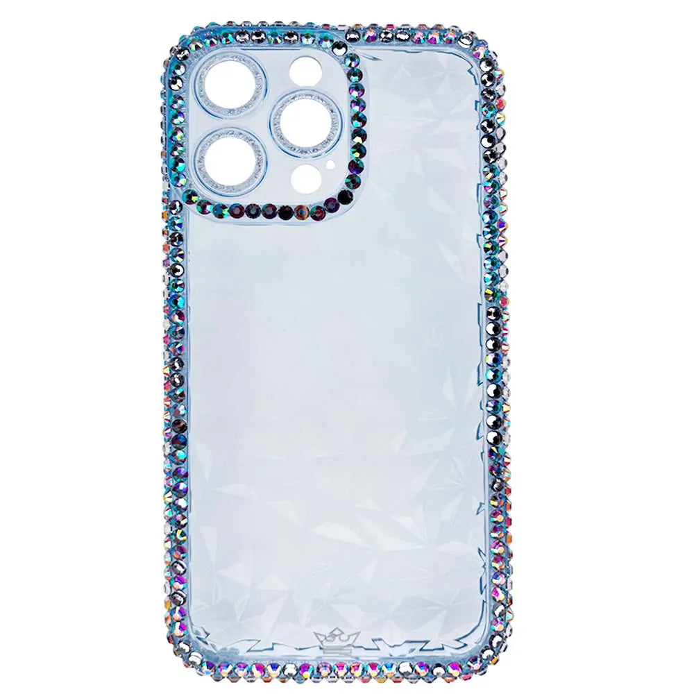 Estuche transparente con diamantes celestes para iPhone 13 Pro Max, elegante y protector.